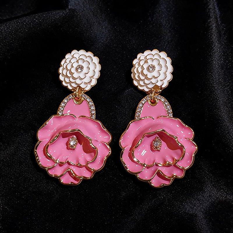 Women Exaggerated Heavy Craft Rose Flower Dangle Earrings,Niche Design Light Luxury Elegant Versatile Fashion Statement Jewelry For Daily Party Occasion