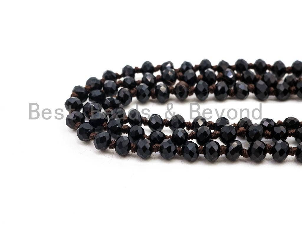 60 Long Hand Knotted Black Color Crystal Necklace, Sku#D17