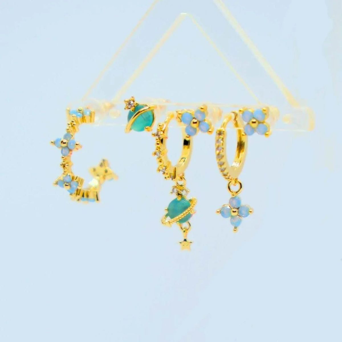 Multi Sets of Blue Flower Pierced Earrings, 4-6pcs, 18k Gold Plated Stud Drop Hoop Huggie Cuff Chain, S925 Needle
