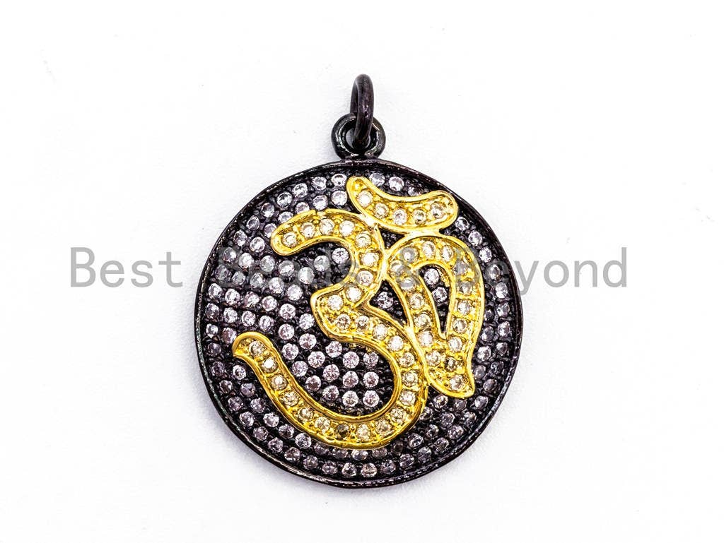 CZ Micro Pave Ohm Symbol Yoga Round Pendant, Cubic Zirconia Pendant, Silver/Gold/Rose Gold/Black Tone, 28x21mm, Sku#F151