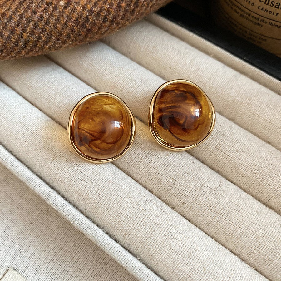 Maillard Style Amber Resin Stud Earrings, Irregular Square Gold Border Button Earrings, Vintage Lightweight Fashion Earrings For Women Daily Party Gift