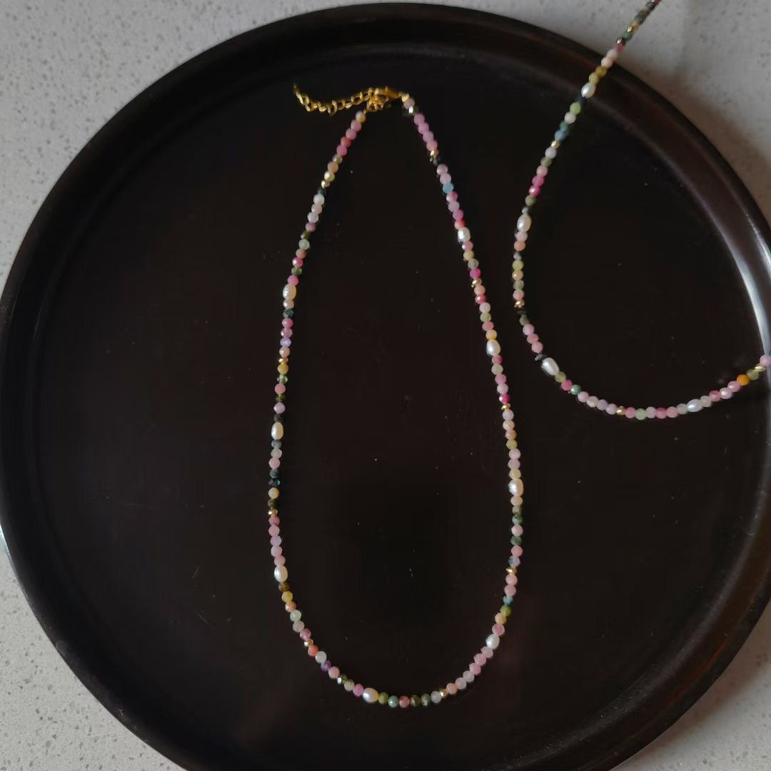 Natural Tourmaline And Freshwater Pearl Beaded Necklace