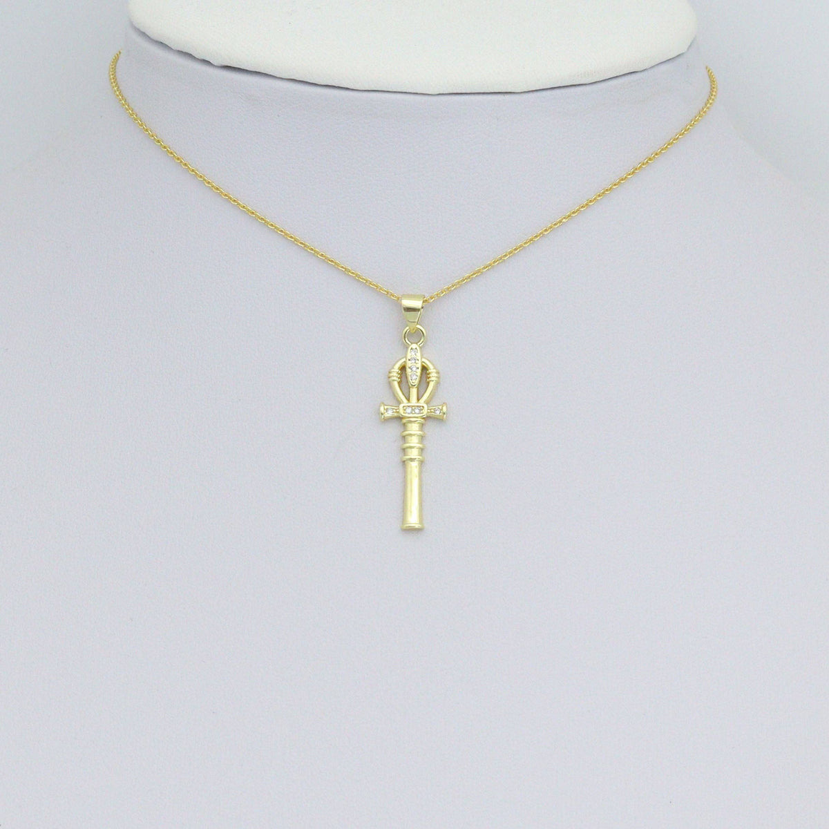 Clear CZ Gold Magic Stick Cross Key Charm Pendant, Sku#LK1164