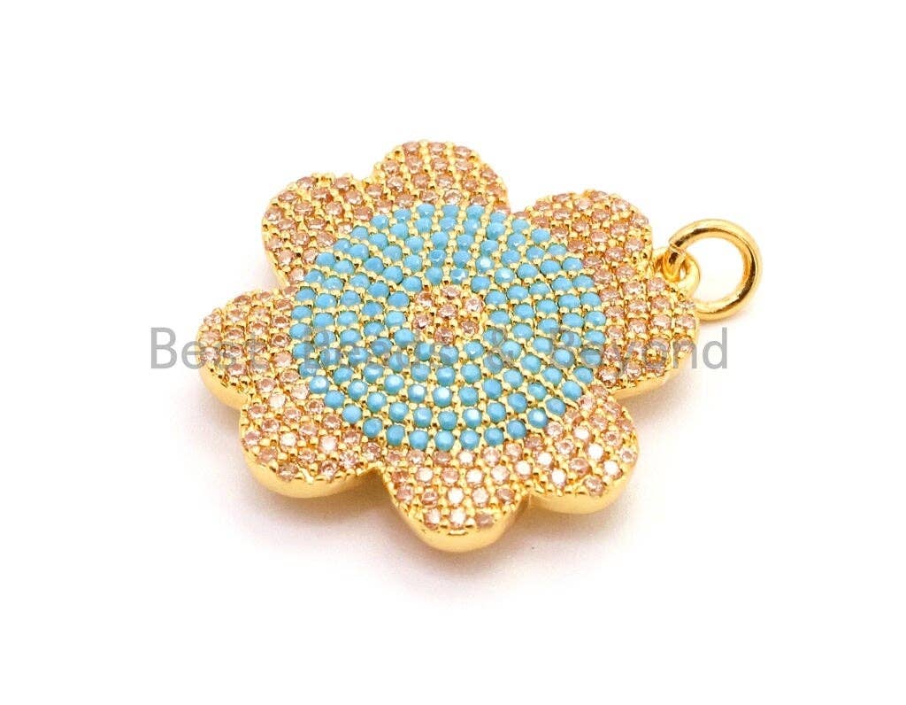 CZ Micro Pave Turquoise Flower Pendant, Cubic Zirconia Pendant, 23mm, SKU#F25C