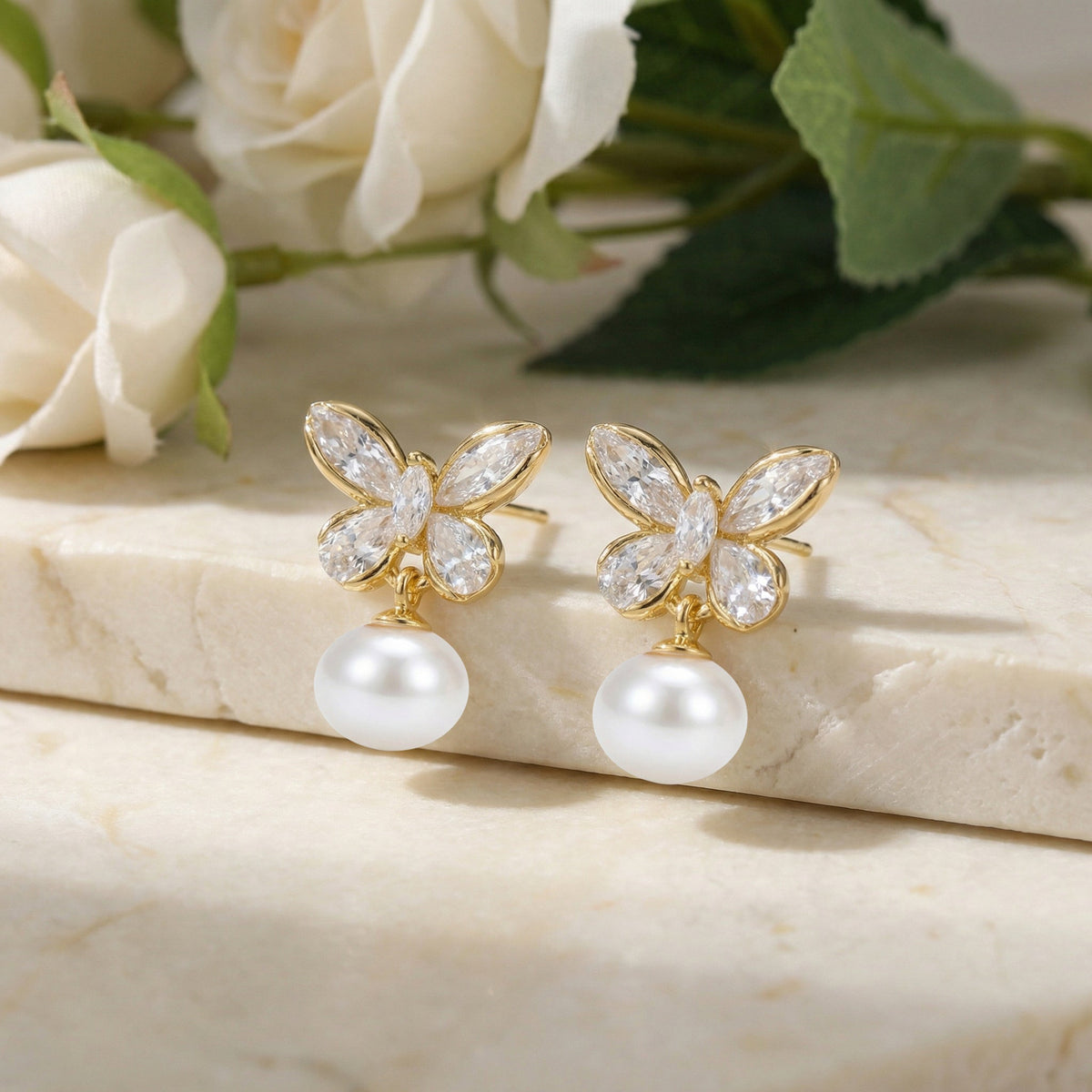 925 Sterling Silver Elegant Crystal Butterfly and Lustrous Pearl Drop Earrings