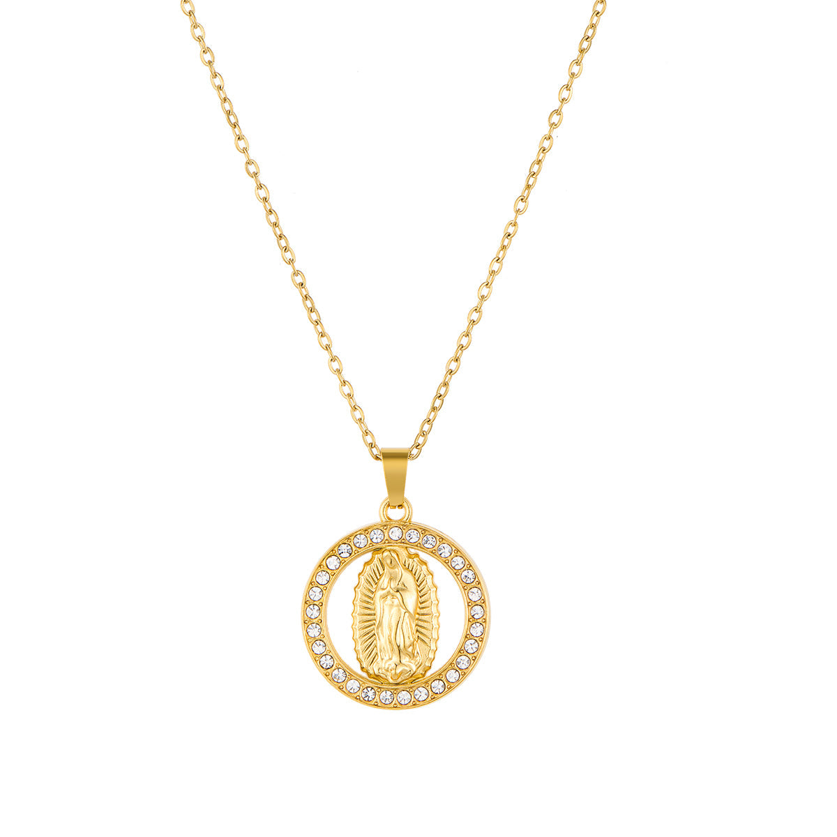 Stainless Steel Inlaid Rhinestone Virgin Mary Pendant Necklace