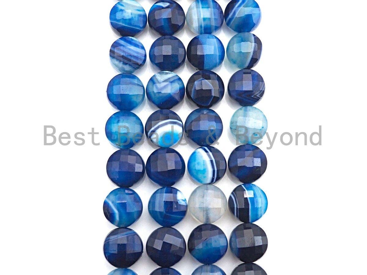 SPECIAL Double Sided Turtle Shell Cut Natural Blue Agate Coin Shape beads, 8mm/10mm Checkerboard Cut Agate Beads, 16" Full strand, Sku#U749