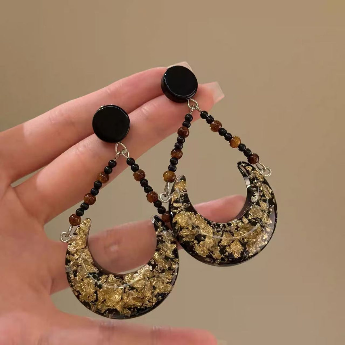 Retro Black & Gold Moon Beaded Stud Earrings, Hong Kong Style Niche High-end Jewelry