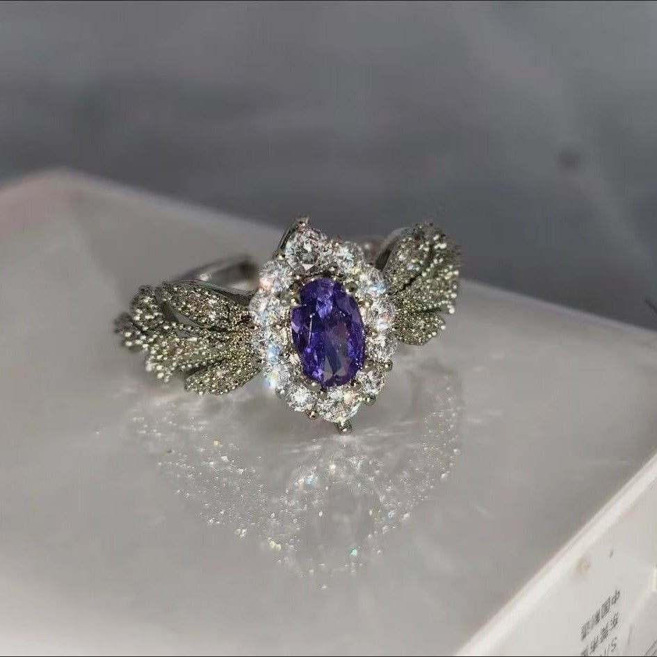 Light Purple Zircon Open Ring, Luxury Elegant Adjustable Band For Women