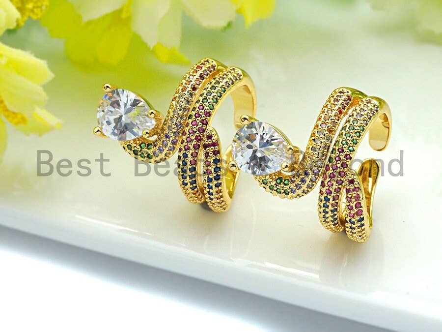 Colorful CZ Micro Pave Heart Snake Ring, Wrap Spiral Ring, Cubic Zirconia Gold Ring, Adjustable Ring, 22x21x17mm,sku#X66