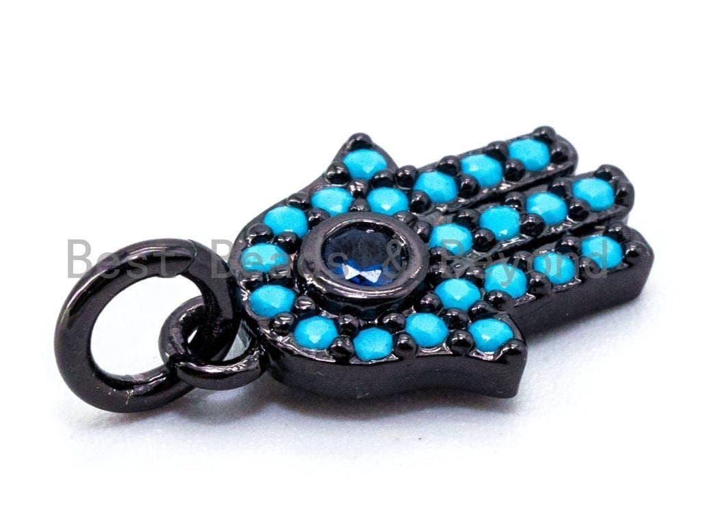 CZ Micro Pave Blue Hamsa Hand Evil Eye Pendant/Charm, Turquoise Cubic Zirconia Pave Bracelet Charms,9x13mm, sku#F339