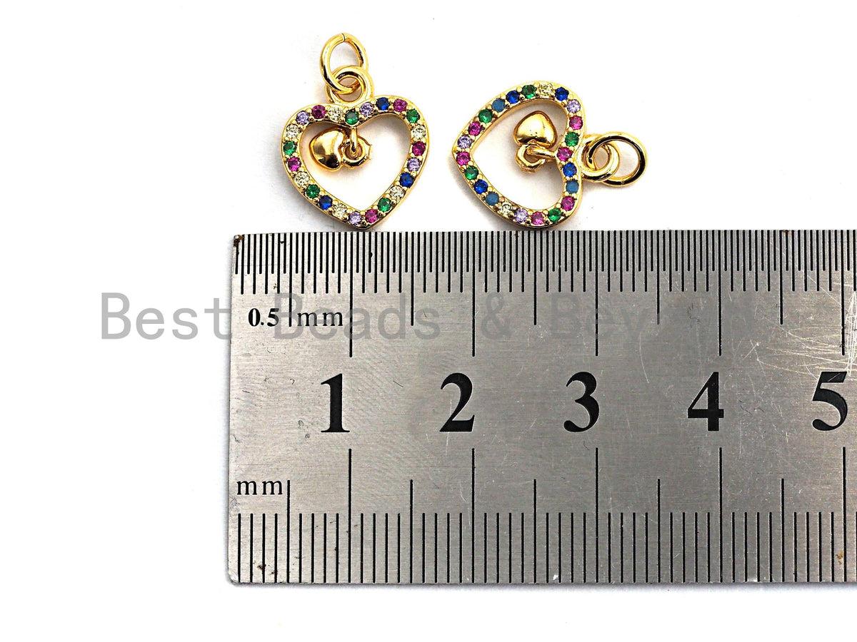 CZ Colorful Micro Pave Hollow Heart With Little Dangle Heart Pendant, Heart Shaped Pave Pendant, Gold plated, 12x14mm, Sku#F826