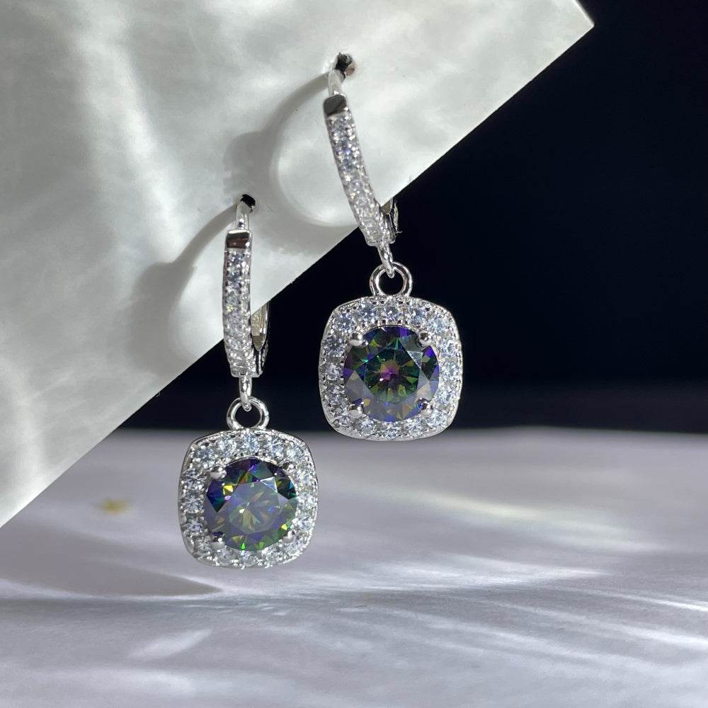 S925 Rainbow Green Moissanite Square Halo Earrings with Pavé-Set Halo & Hoop, 1ct D-Grade VVS1 Round Moissanite with GAR certification