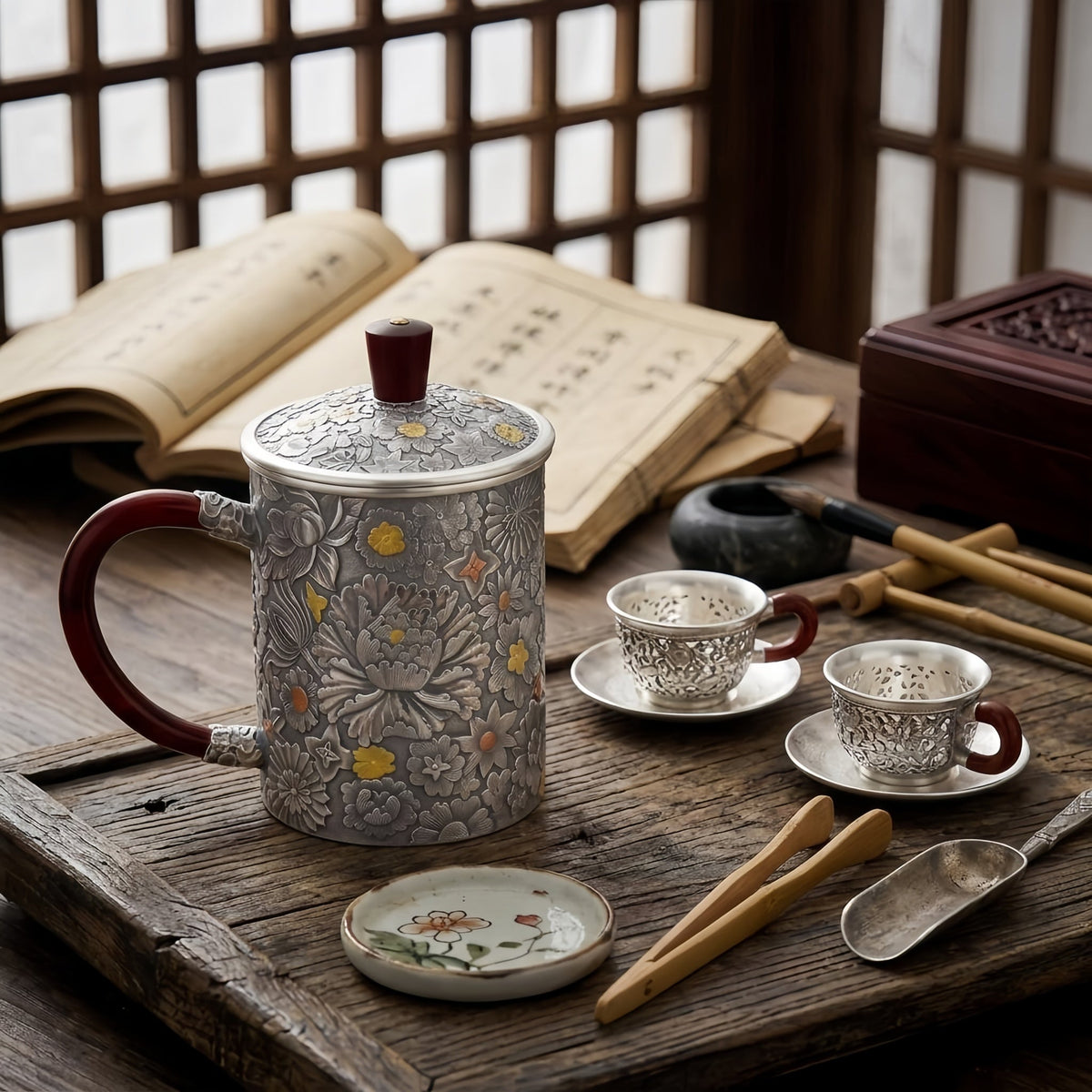 Pure 999 Fine Silver Handcrafted Floral Embossed Silver Tea Mug with Elegant Wood Accents - Handicraft