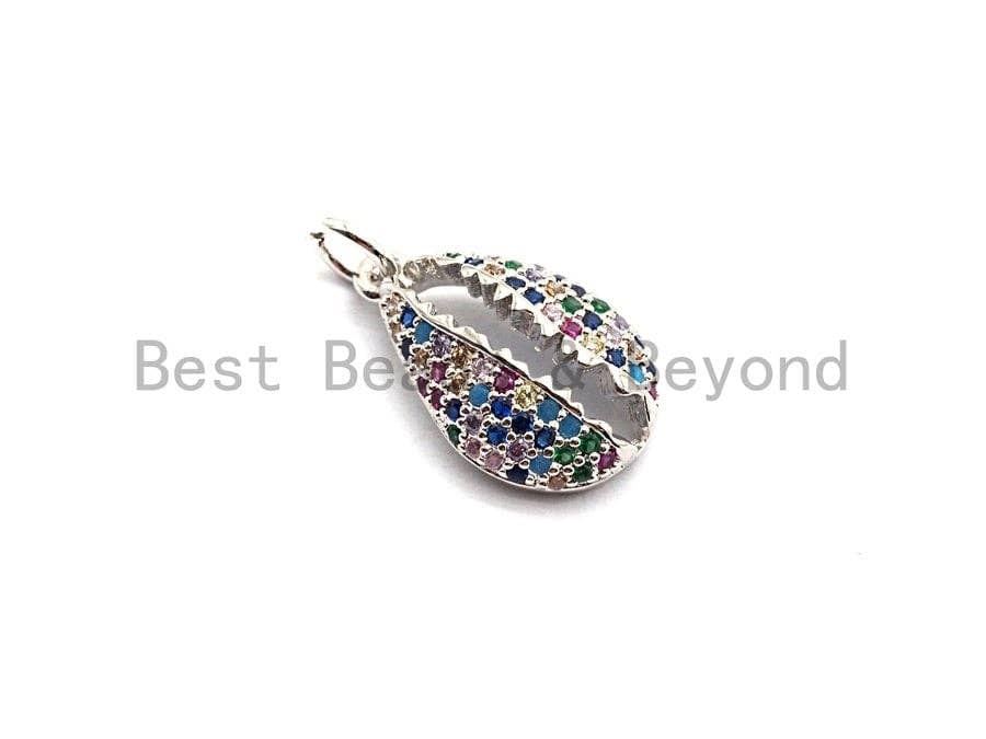 CZ Rainbow Micro Pave Pendant,CZ Paved Cowire Shell Shape Charm, Gold/Silver/Rose Gold/Black Cowire Pendant, 18x11mm, Sku#F747