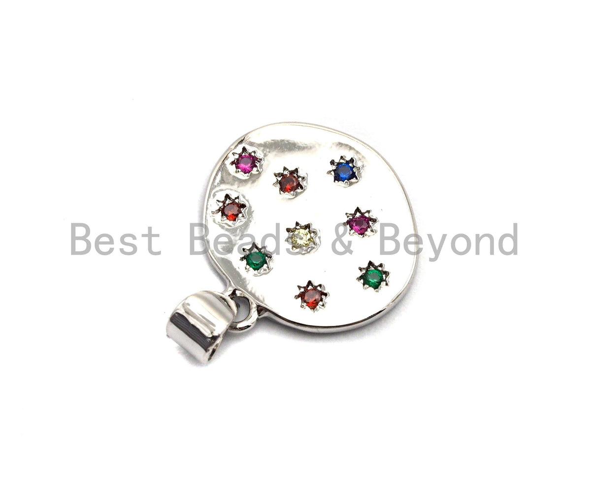 Colorful Star CZ Micro Pave Flat Round Pendant, CZ Pave Pendant, Gold/Rose Gold/Silver/Gunmetal plated, 35x50mm, Sku#F807