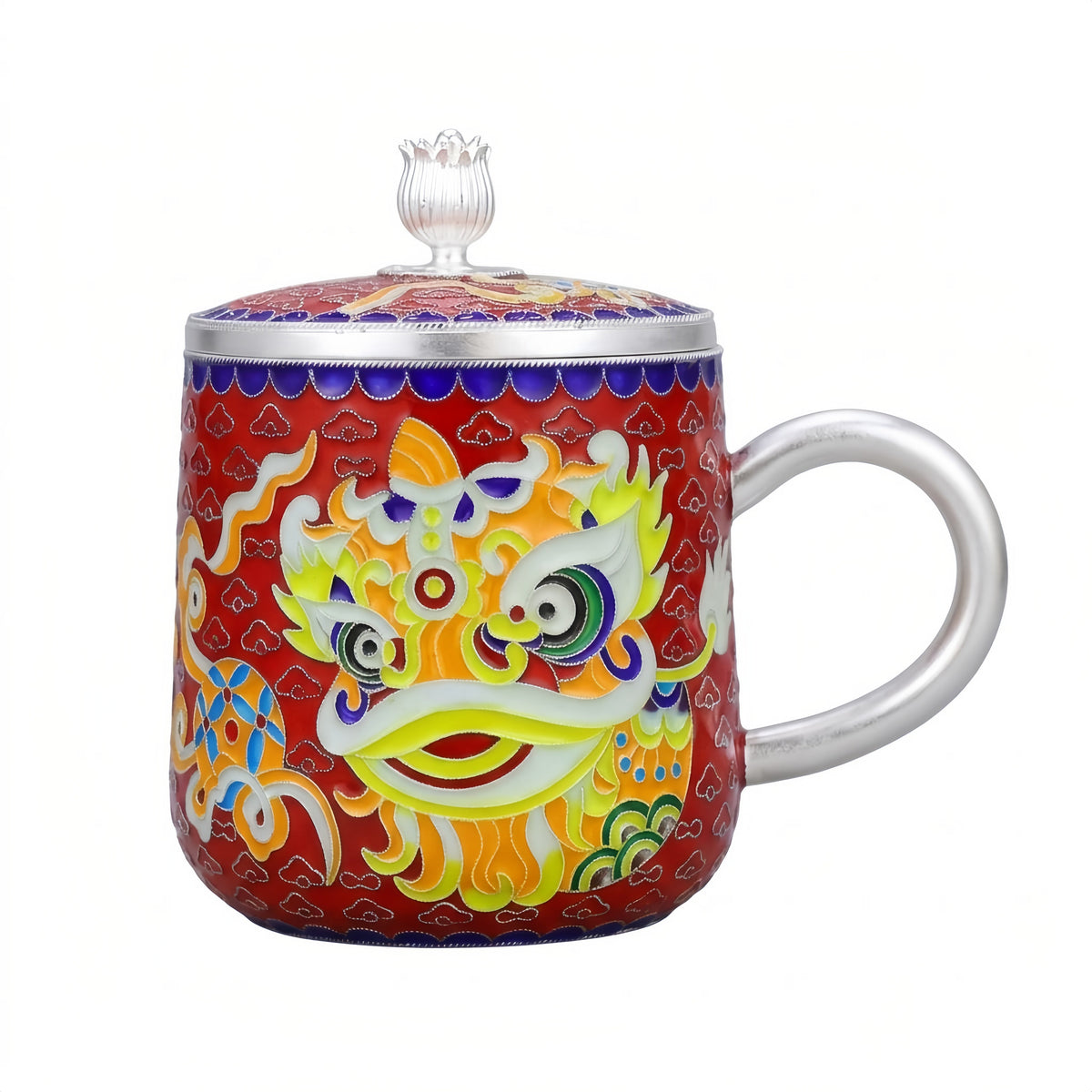 925 Sterling Silver Chinese Lion Dance Themed Ceramic Mug with  Accents-Premium Indigo Tea Mug - Handicraft