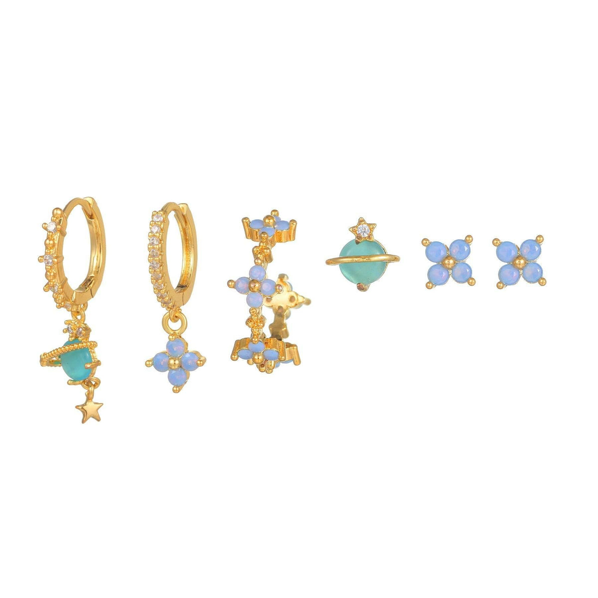 Stacking 6 Pieces Blue Flower Pierced Earring Set with Zircon, 18k Gold Plated Ear Studs and Ear Drops