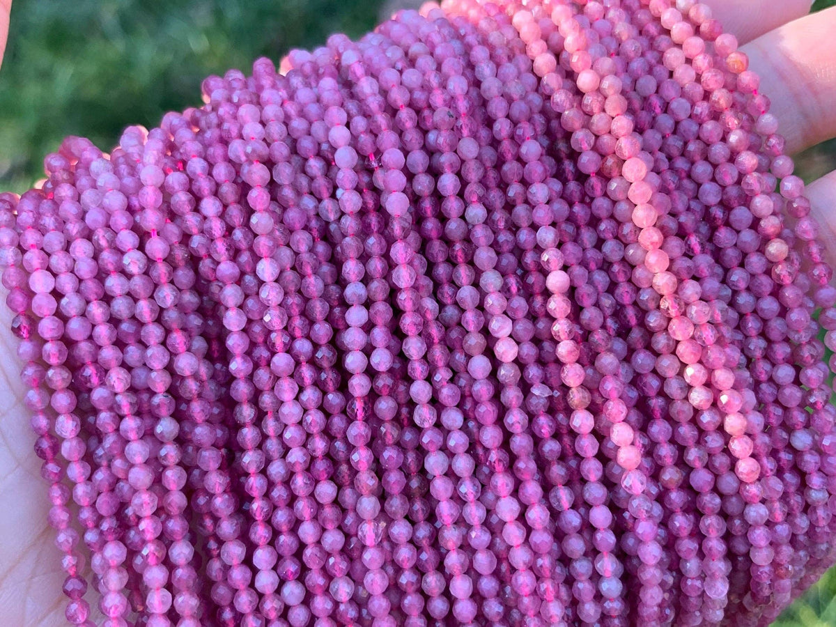 Quality Pink Tourmaline Faceted Round Beads, 2mm/3mm Genuine Small Beads, 15.5'' Full Strand, SKU#U1220