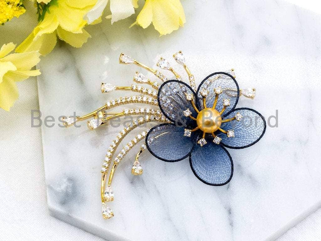 CZ Micro Pave Blue Silk Flower Brooch, p39