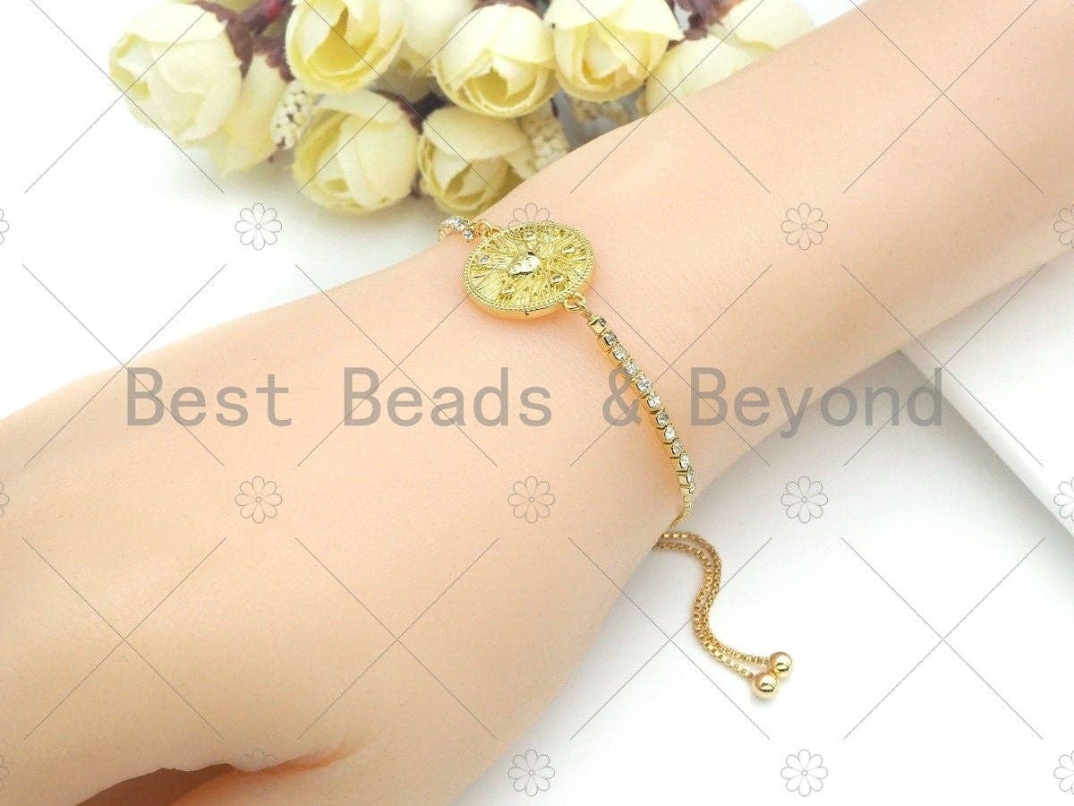 CZ Micro Pave Face On Round Coin Connector Beads, Cubic Zirconia Connector, Dainty Gold Medallion Connector,,18x22mm,Sku#LK226
