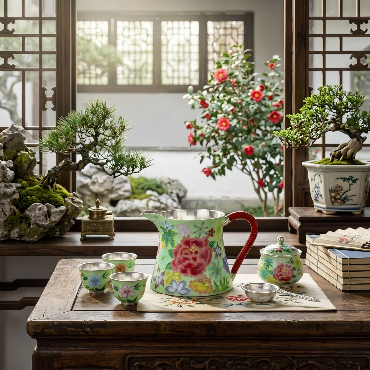 Pure 999 Fine Silver Elegant Hand-Painted Enamel Floral Pitcher with Red Sculpted Handle - Handicraft