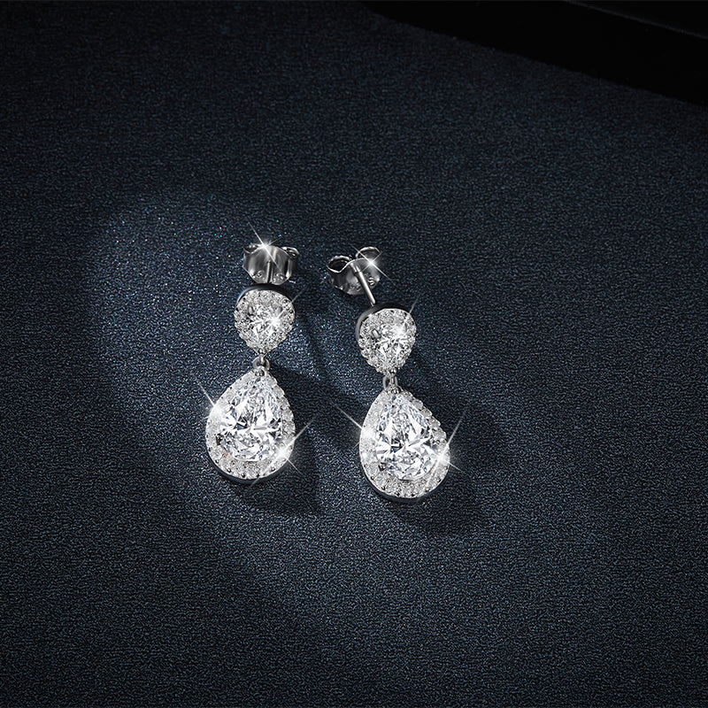 S925 Sterling Silver Platinum Plated Pear Cut Moissanite Dangle Earrings  6x9mm Teardrop Halo Drop Earrings With GRA Certificate Jewelry Gift Box Set