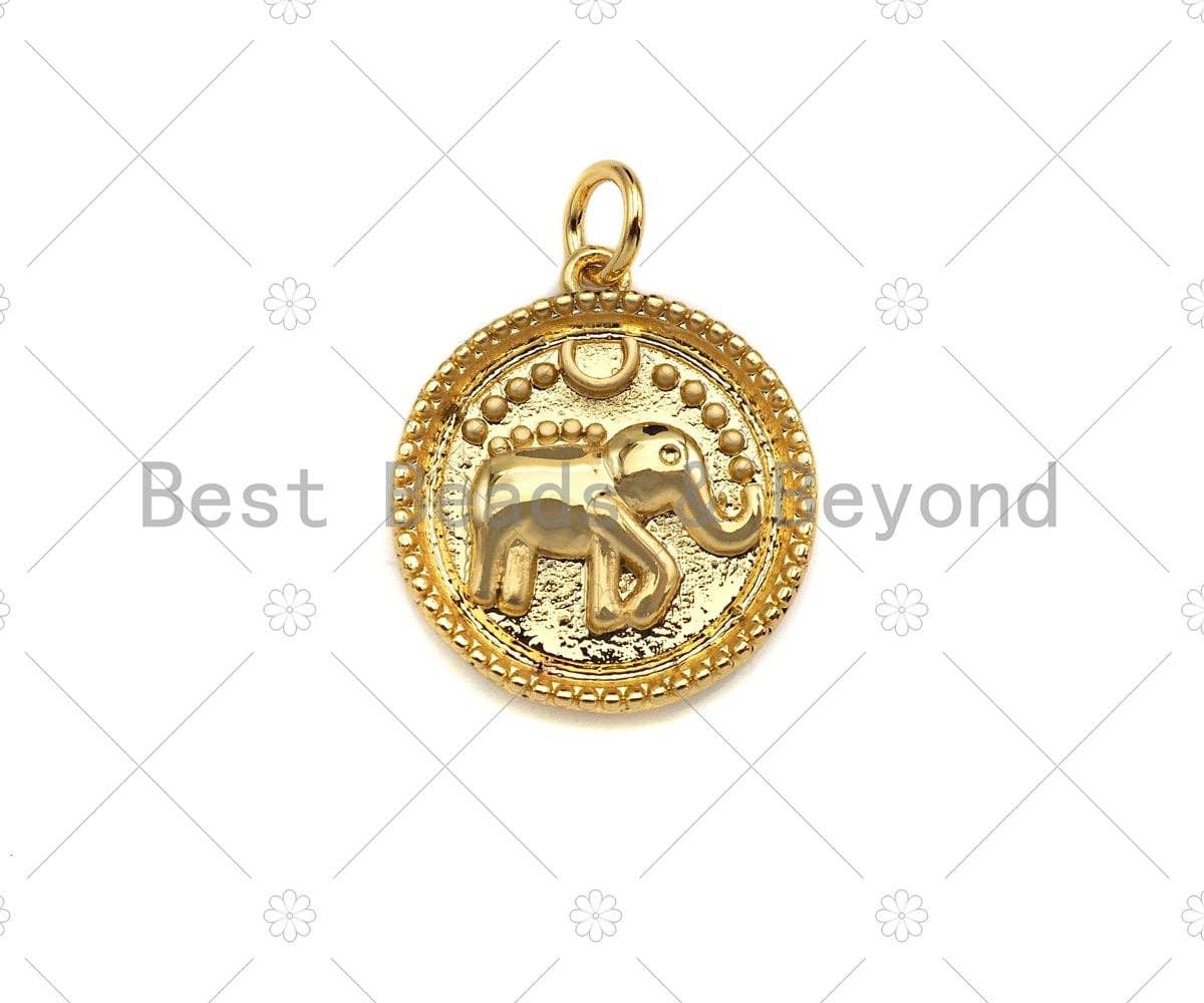 Dainty Gold Embossmen Elephant On Round Coin Shape Charms, Dainty Charms, Gold Elephant Pendant, Necklace Charms, 17x19mm, Sku#F1325