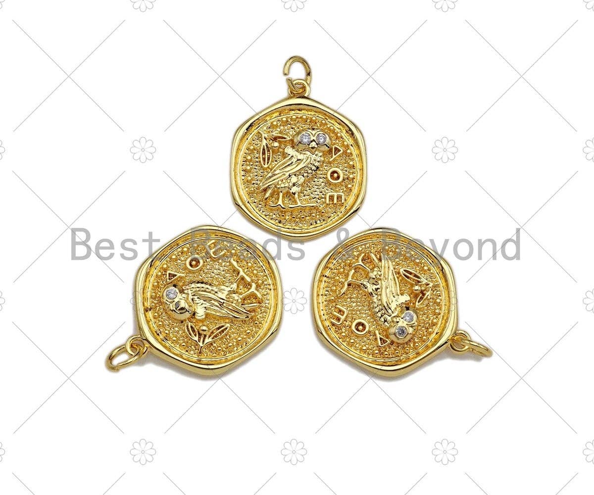 18k Dainty Gold Cute Bird On Round Coin Shape Charms,  Sku#F1317C
