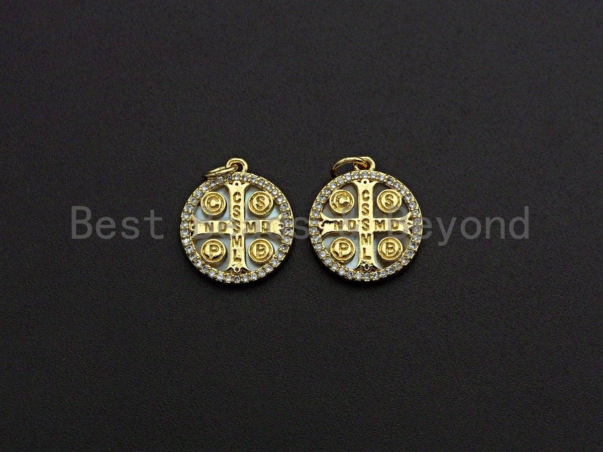 18K Gold CZ Micro Pave Saint Bendict Benito Pendant Charm, z851