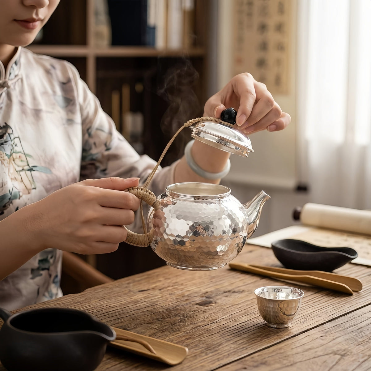 Pure 999 Fine Silver Hammered Silver Teapot with Woven Insulated Handle and Black Finial - Handicraft