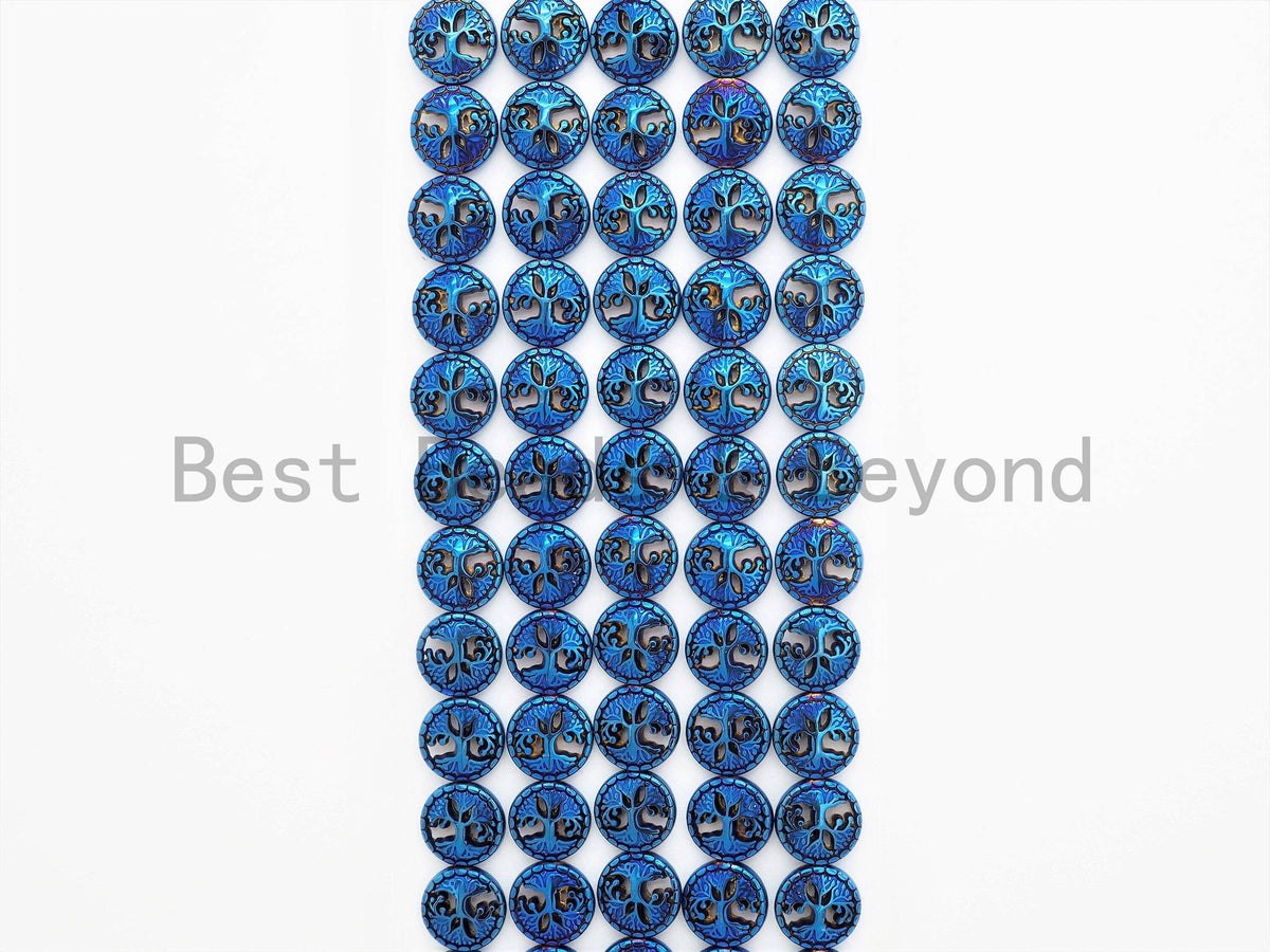 NEW Style Coin Shape Peace Tree Pattered Hematite 12mm Beads, Blue/Green/Rainbow Color Hematite, 15inch FULL Strand, SKU#U428