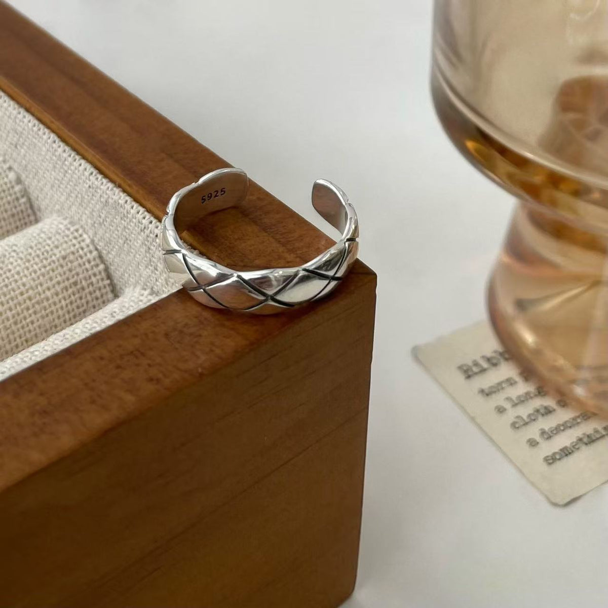 S925 Silver Rhombus Pattern Open Ring For Women, Thin & Thick Styles, Light Luxury Niche Design, Fashionable, Individual, Vintage & All-Match Finger Ring