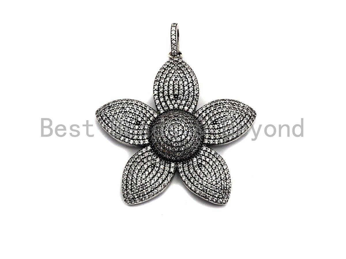 CZ Micro Pave Sakura Flower Pendant, Antique Silver Tone, Clear Cubic Zirconia Big Pave Flower Charm Pendant, 40x41mm,sku#F999C