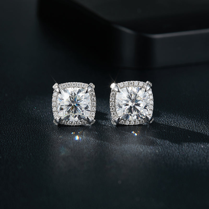 S925 Sterling Silver 8x8mm Cushion Cut Moissanite Stud Earrings  Platinum Plated Halo Setting With GRA Certificate Luxury Jewelry Gift Box Set For Women