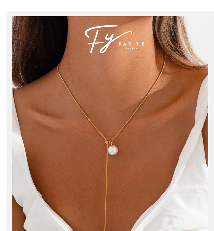 Pearl Snake Bone Chain Adjustable Sweater Chain Women's Luxury High-End Style Fall Winter Versatile Stainless Steel Necklace