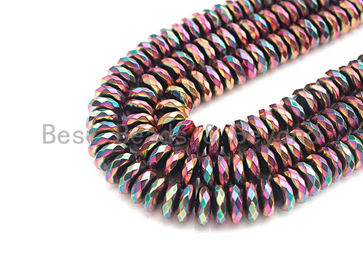 NEW Titanium Red Green Multicolor Hematite, Rondelle Faceted 6mm/8mm/10mm, Natural Hematite beads, 15.5 Full Strand, S127