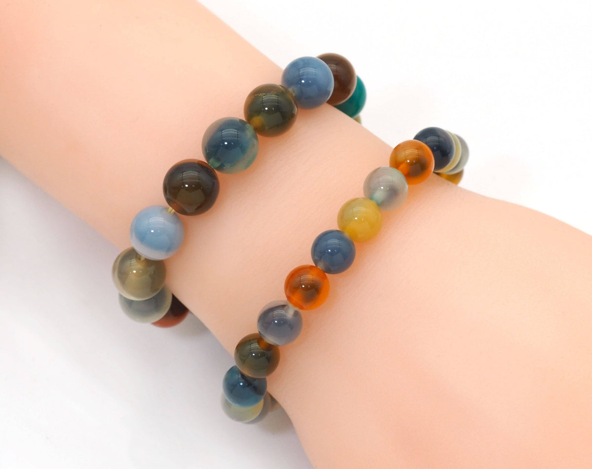 Multicolor Natural Agate Round Smooth Elastic Bracelet, 8mm/10mm, Sku#U1476