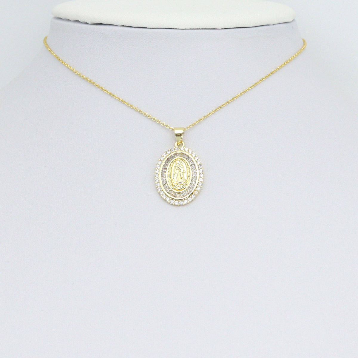 Clear Baguette CZ Gold Virgin Mary On Oval Charm Pendant, Sku#LX776