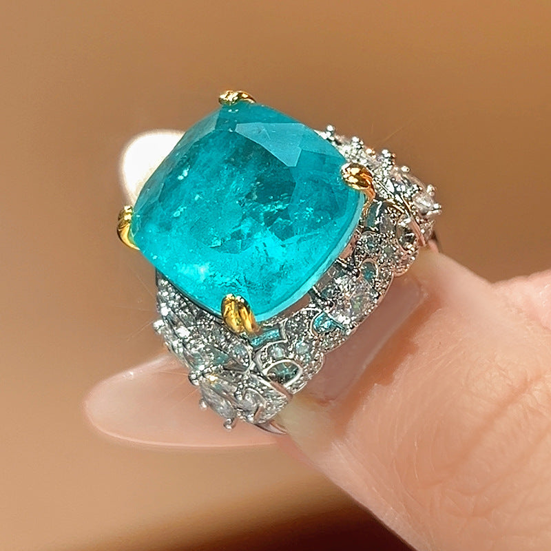 2026 New Zircon Ring For Women, Rectangular Simulated Sapphire & Paraiba Tourmaline, High-End Luxury Jewelry