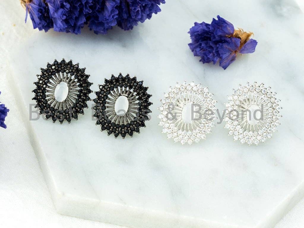 CZ Micro Pave Black and White Oval Earring studs, CZ Pave Earrings, Cubic Zirconia Earrings,18x20mm,1pair, sku#O54