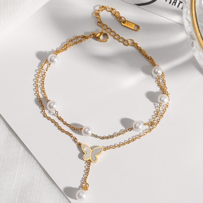 18k gold double pearl butterfly pendant shell foot ring titanium steel anklet