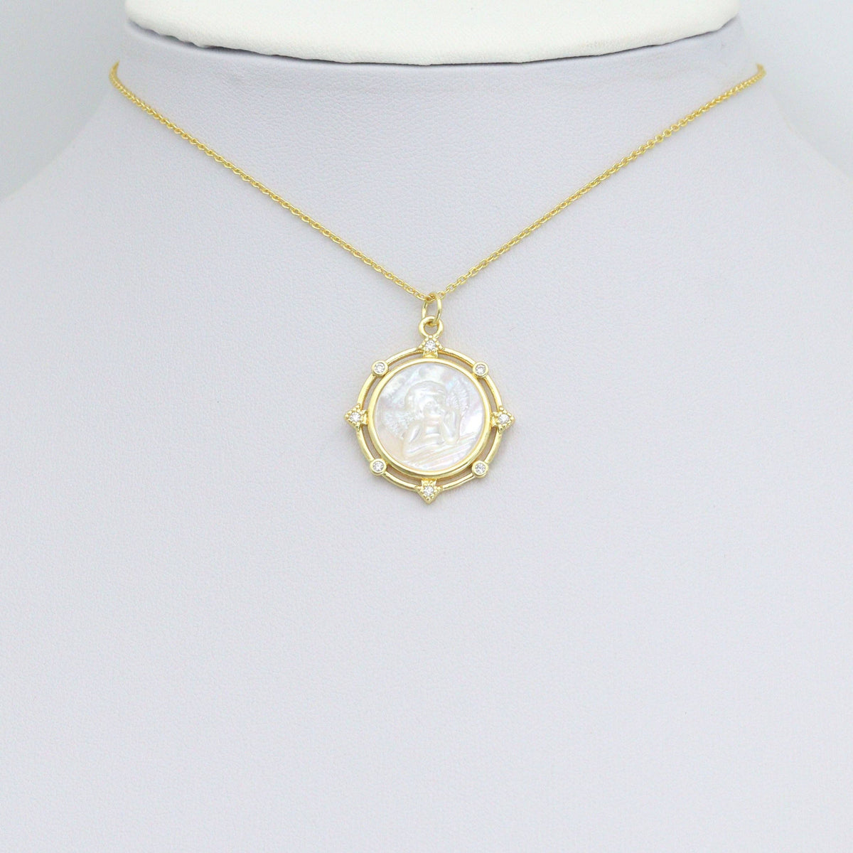 Clear CZ Angel On Round White Pearl Gold Charm Pendant, Sku#LX806