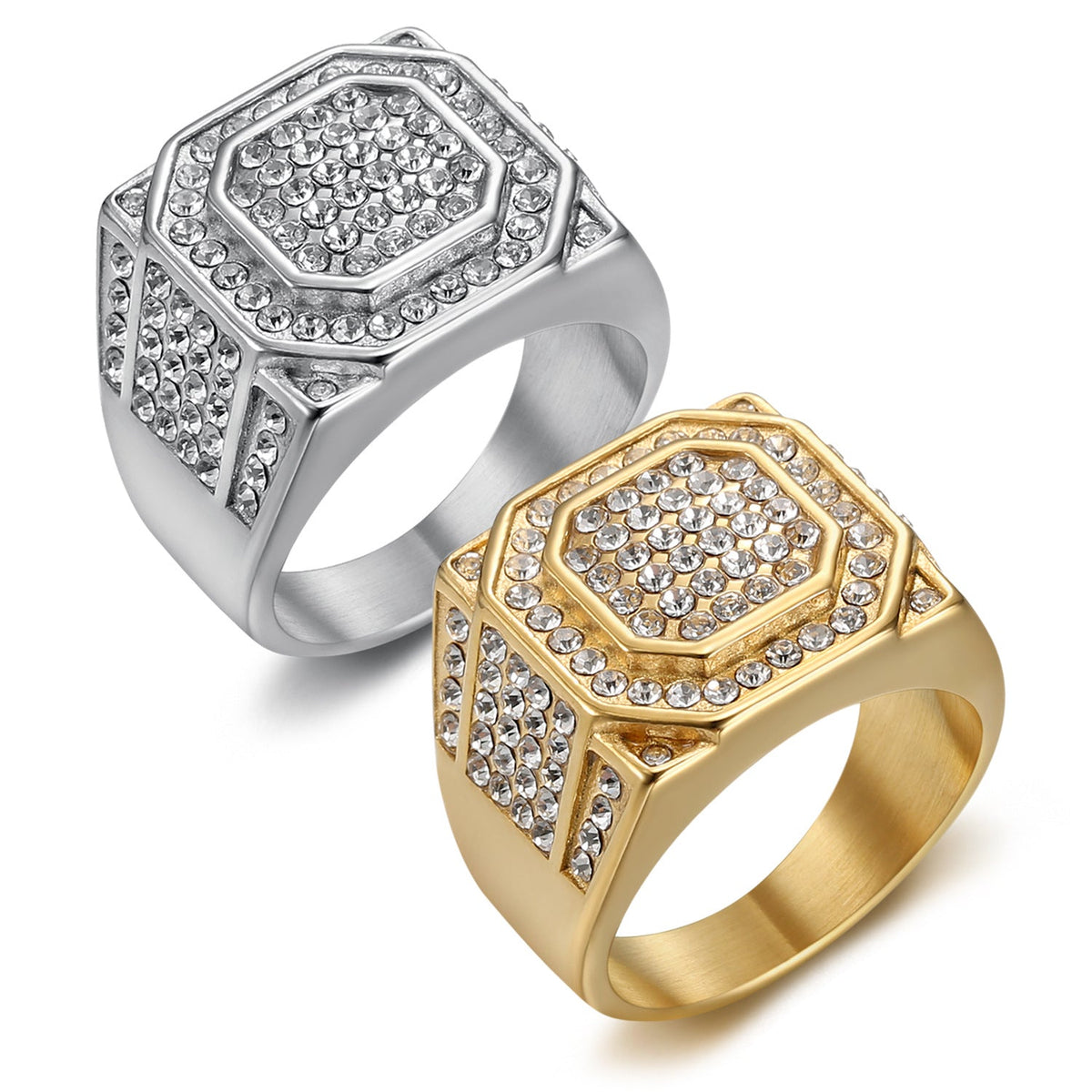 Titanium Steel Gold-Plated Full-Crystal Mens Ring