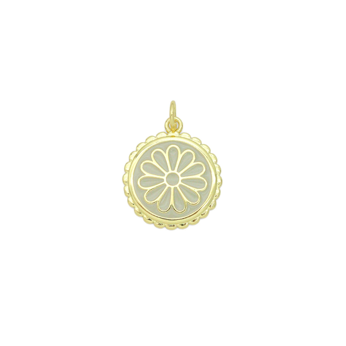 White Enamel Flower On Round Gold Charm Pendant, Sku#LX802