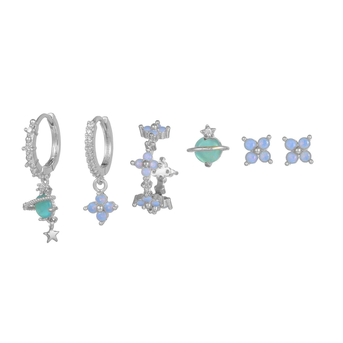 Stacking 6 Pieces Blue Flower Pierced Earring Set with Zircon, 18k Gold Plated Ear Studs and Ear Drops