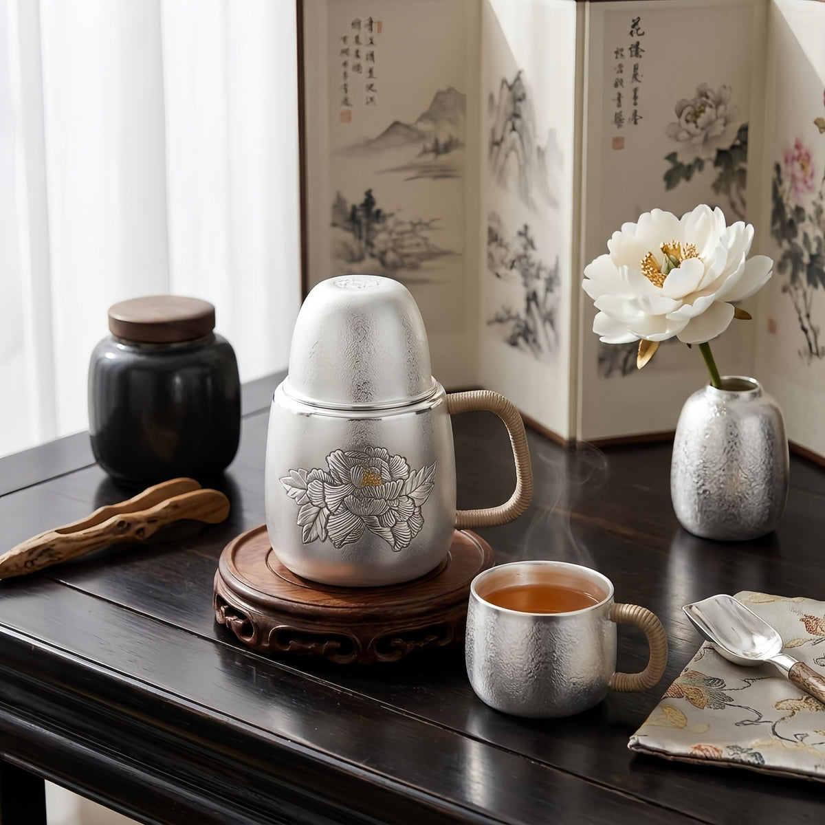 925 Sterling Silver Silver Peony Tea Vessel with Natural Rattan Handle and Floral Relief - Handicraft