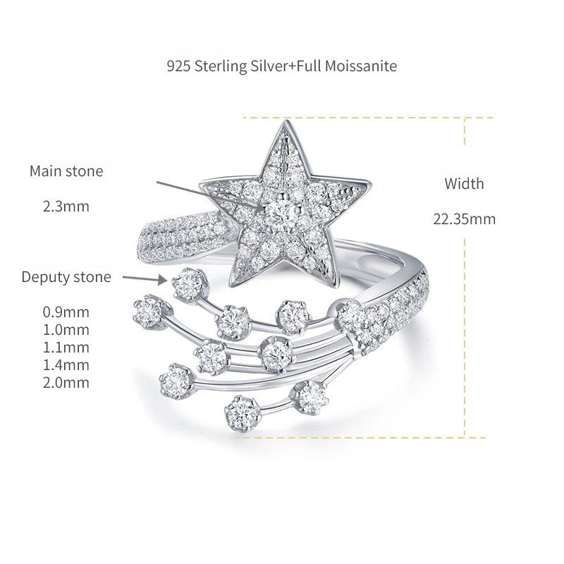 Comet Star D-Color VVS1 Moissanite Engagement Ring in Sterling Silver – Adjustable Geometric Statement Ring for Women