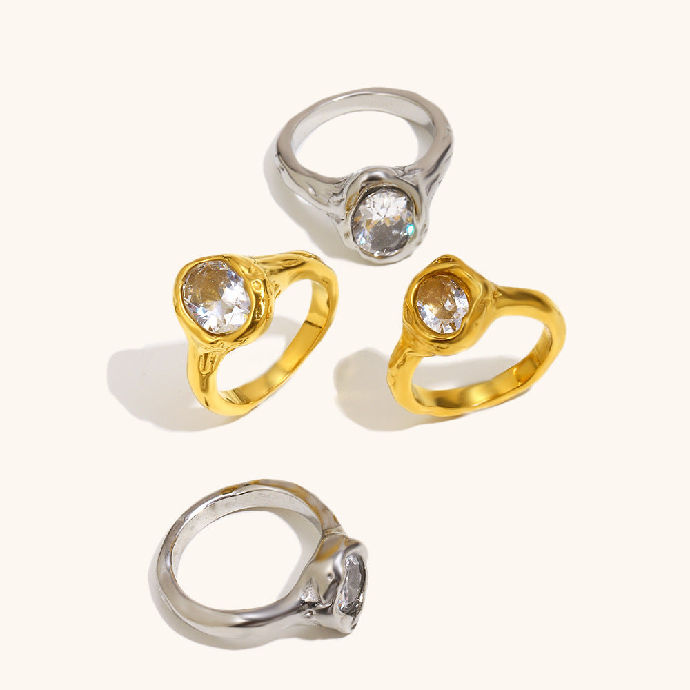 Stainless Steel 18K Gold-Plated Holed Dove-Egg Zircon Ring For Women  Lite Luxury