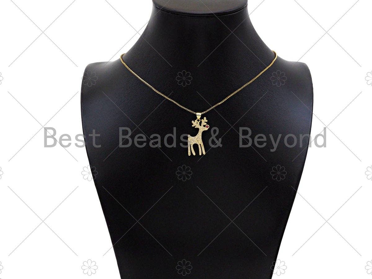 CZ Micro Pave 18k Gold Reindeer Shape Pendant, Cubic Zirconia Pendant, Christmas Charm, CZ Micro Pave Pendant, 28x14mm, Sku#LK209